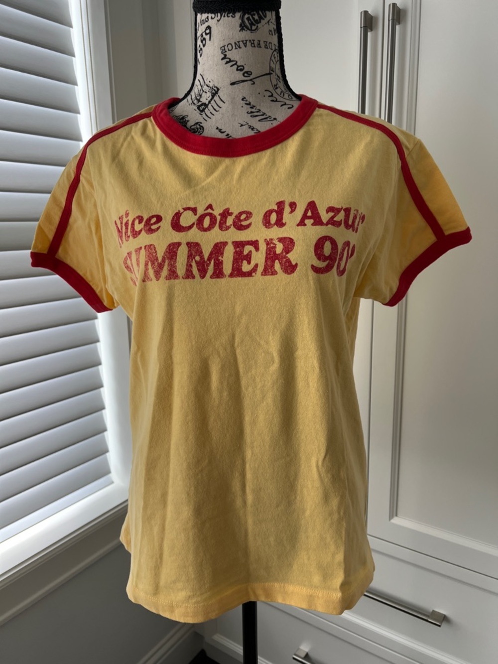 NWT Zara Men’s Yellow 'Nice Côte d'Azur Summer 90' Ringer Tee with Red Trim